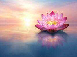 Pink lotus flower floating at sunrise on tranquil water photo