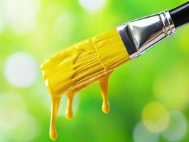 Bright yellow paint drips from a brush against a green backdrop photo