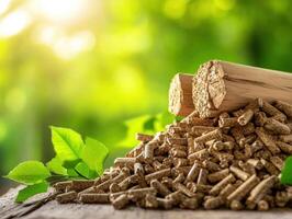 Wood pellets stacked on wooden logs in a green environment photo