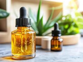 Natural essential oils in glass dropper bottles with plants photo