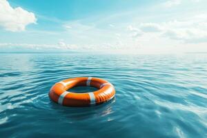 Lifebuoy floating on calm ocean waters under a blue sky photo