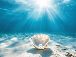Underwater pearl in a shell illuminated by sunlight photo