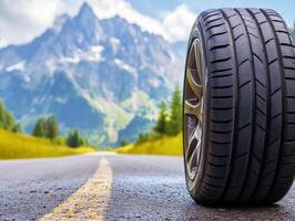 Mountain road with tire on the side during a sunny day photo