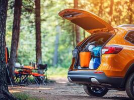 Family camping adventure in a serene forest setting photo