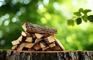 Wood stack in a serene forest setting on a sunny day photo