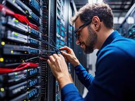 Technician working on server connections in data center photo