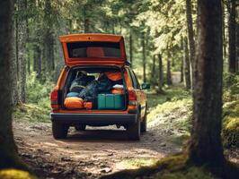 Camping adventure with a fully packed car in a forest photo