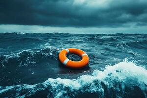 Lifebuoy adrift in tumultuous ocean waters during a storm photo