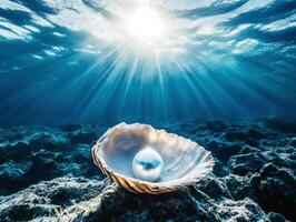 Stunning pearl nestled in an ocean shell surrounded by rays photo