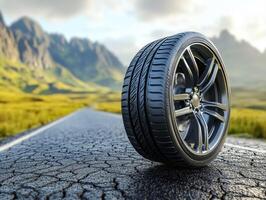 Black sports tire positioned on a cracked road in a scenic landscape photo