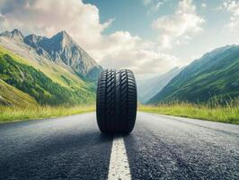 Unique tire on a scenic road surrounded by mountains photo