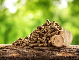 Wood pellets stacked on timber in a natural outdoor setting photo
