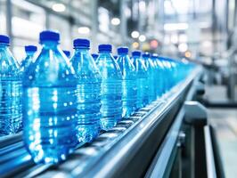Water bottles moving along a conveyor belt in a production facility photo