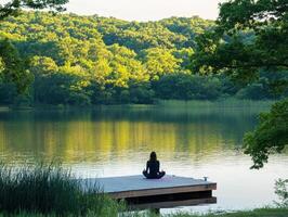 Meditation by the calm lake at sunrise in natural surroundings photo