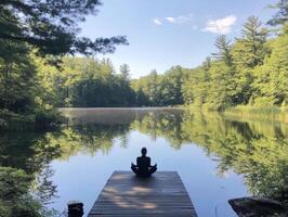 Tranquil meditation by a serene lake in early morning light photo