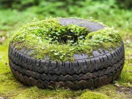 Old tire covered in green moss and plants in a forest setting photo