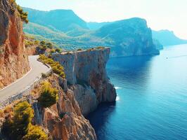 Scenic coastal road along cliffs with stunning ocean view photo