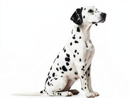Dalmatian sitting with spots against a white background photo