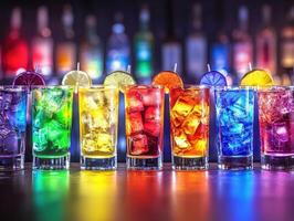Colorful cocktails lined up at a bar with vibrant lighting photo