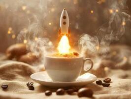 Rocket launching from coffee cup creates a whimsical scene photo