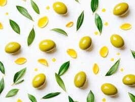 Olive oil ingredients arranged on a white background for cooking photo