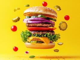 Fresh hamburger on a vibrant yellow background photo