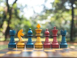 Chess pieces arranged on a board in a sunny park setting photo