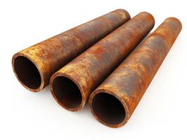Rusty metal pipes stacked on white background photo
