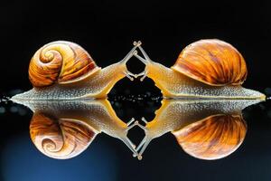 Two snails on reflective surface creating a natural mirror effect photo