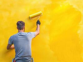 Man painting a wall bright yellow with a roller in a sunny environment photo