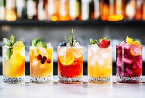 Colorful cocktails on a bar counter at a lively summer party photo