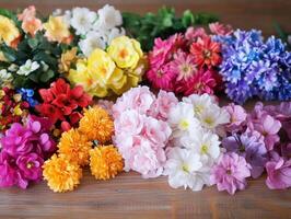 Colorful assortment of artificial flowers arranged on a table photo