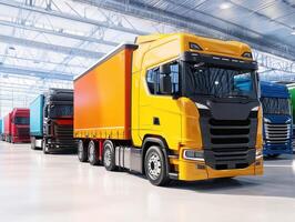 Trucks parked in an indoor warehouse for transportation logistics photo