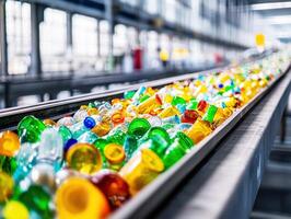 Sorting of colorful plastic bottles in a recycling facility photo
