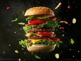 Giant burger with layers of fresh ingredients floating in the air photo
