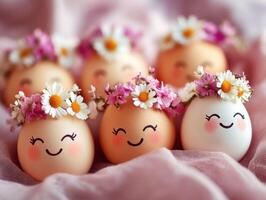 Colorful decorated eggs with flowers on a soft background photo