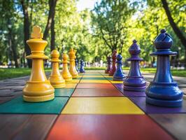 Colorful outdoor chess game in a park with vibrant pieces photo