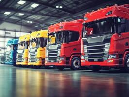 trucks lined up in a modern warehouse setting photo