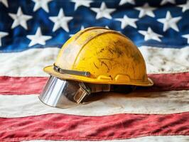 Hard hat resting on American flag symbolizing construction work photo