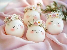Cute decorated eggs with flower crowns and smiling faces photo