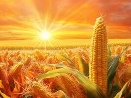 Golden cornfield at sunset in rural landscape photo