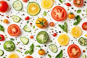 Vibrant fruits and veggies on a white background photo