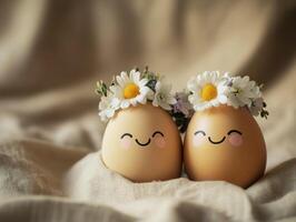 Cute eggs with smiling faces and flower crowns in a cozy setting photo