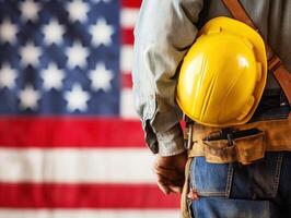 Construction worker holding a yellow hard hat near an American flag photo