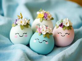 Colorful decorated eggs with flowers for spring celebration photo
