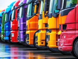 Colorful truck lineup during rainy weather at a loading area photo