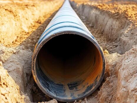 Construction of a pipeline in a sandy excavation site photo