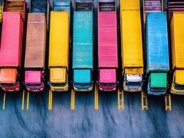 Colorful trucks lined up in a busy parking area during daytime photo