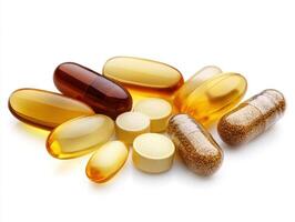 Dietary supplements and vitamins on a plain background photo