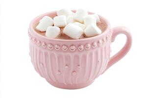 Warm chocolate drink topped with marshmallows in a pink cup photo